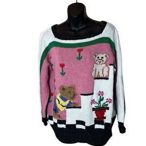Vintage hand knit berek chunky knit sweater novelty bears on stairs